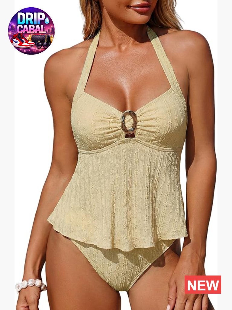 Halter Tankini Two Piece Swimsuit With Lace O-Ring Cut Out Tummy Control